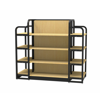 Retail Wooden Display Shelf Steel Frame Wall Side And Center Side MDF board